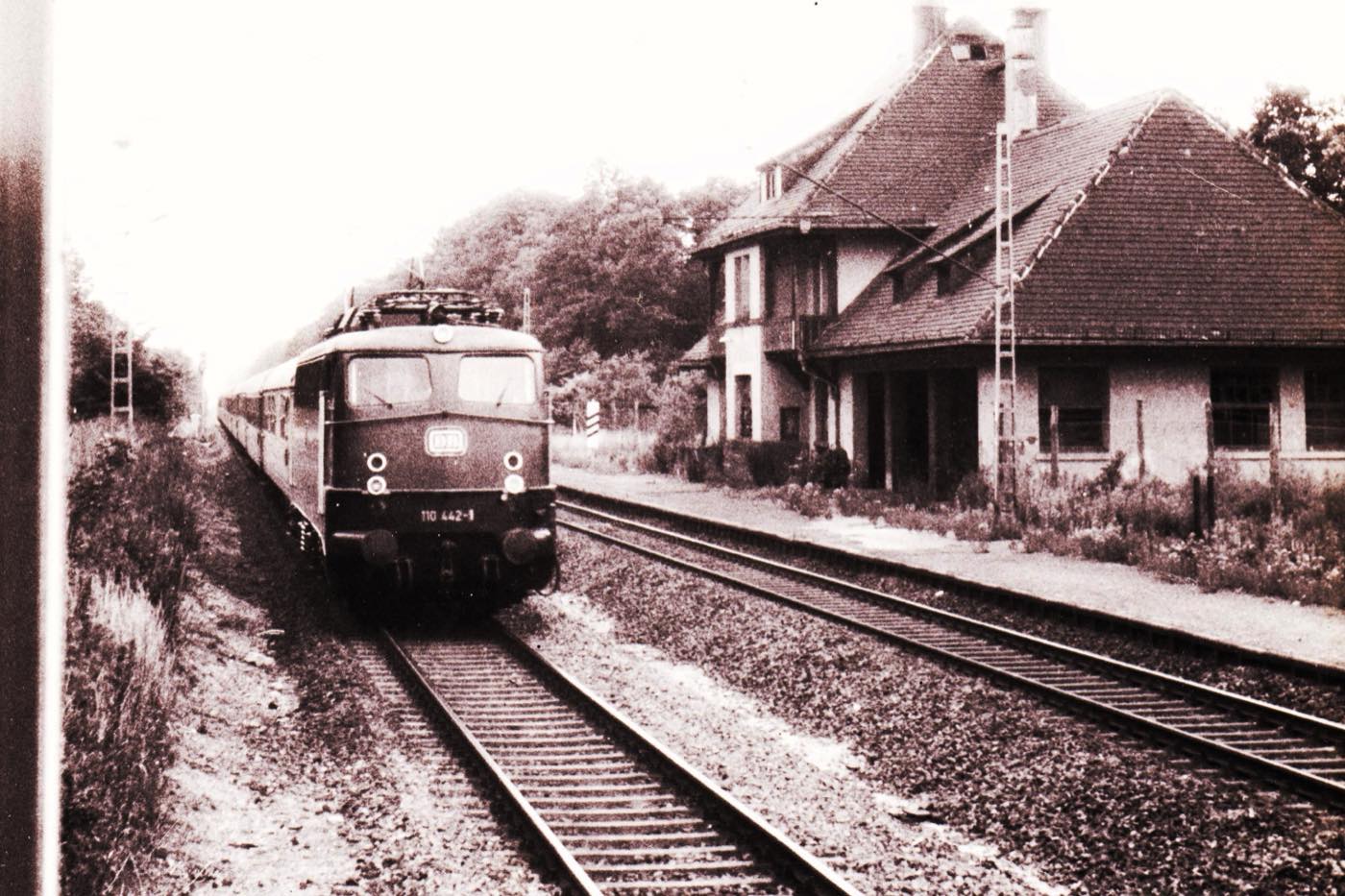 Ein Personenzug mit der Elektrolokomotive 110 442-1 fährt am
                      Empfangsgebäude des Bahnhofs Schwanheim vorbei.