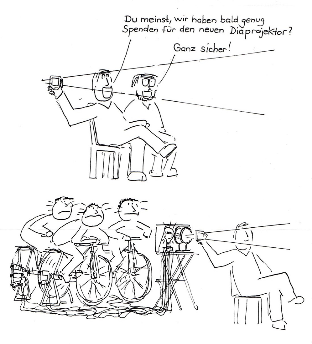Gezeichneter Cartoon in zwei Feldern. Oben sitzen zwei Vereinsmitglieder
                    nebeneinander, eines hält ein kleines Diabetrachtungsgerät hoch;
                    Sprechblasen: „Du meinst, wir haben bald genug Spenden für den neuen
                    Diaprojektor?“ – „Ganz sicher!“ Unten strampeln drei Mitglieder auf
                    Fahrrädern, die über Kabel einen Projektor mit Strom versorgen, während
                    ein vierter gemütlich sitzend zusieht.