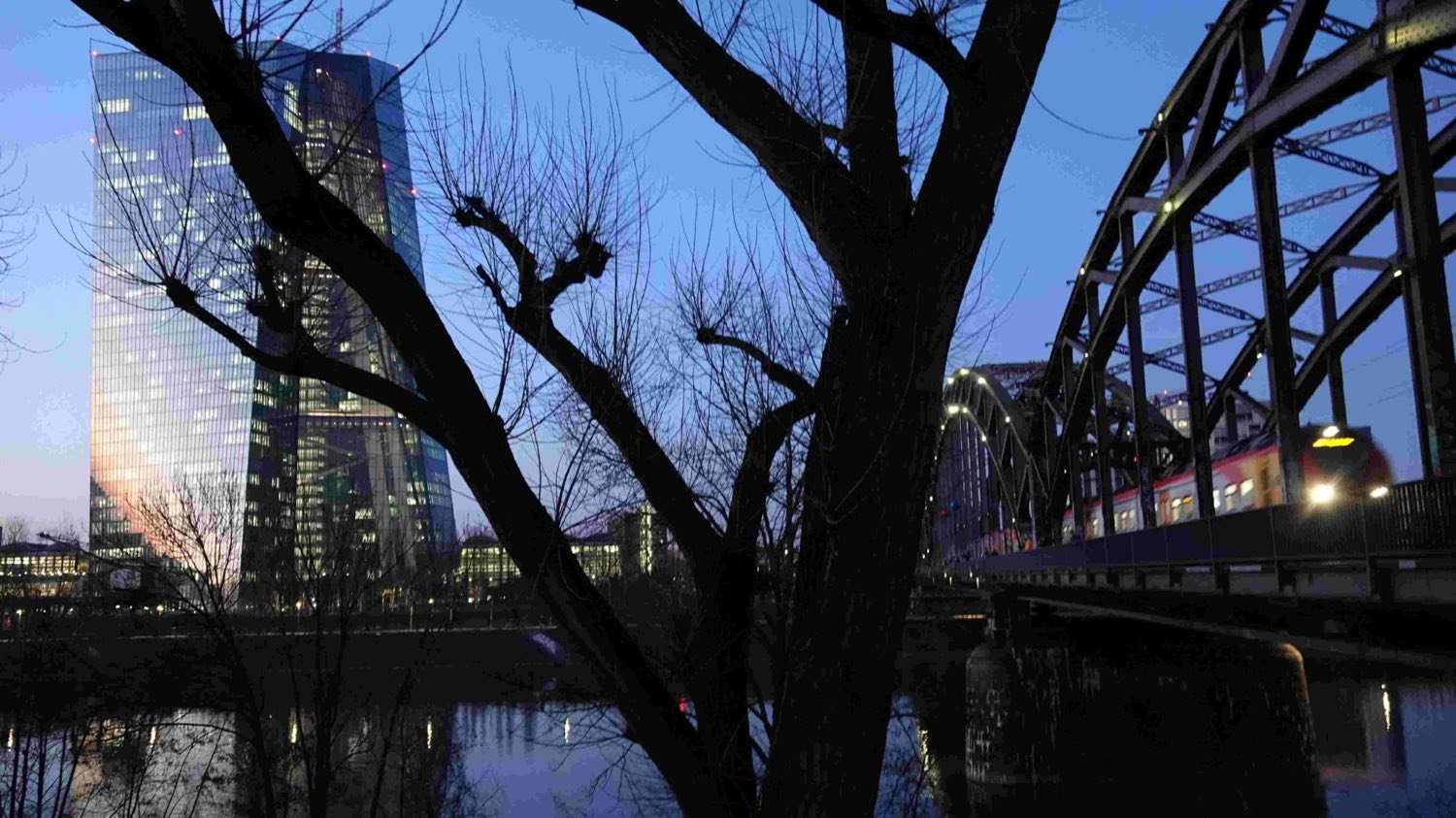 In der Abenddämmerung fährt eine rot-weiße Regionalbahn über die stählerne
                    Fachwerkbrücke über den Main. Im Vordergrund die Silhouette eines kahlen Baums,
                    dahinter das beleuchtete Hochhaus der Europäischen Zentralbank.