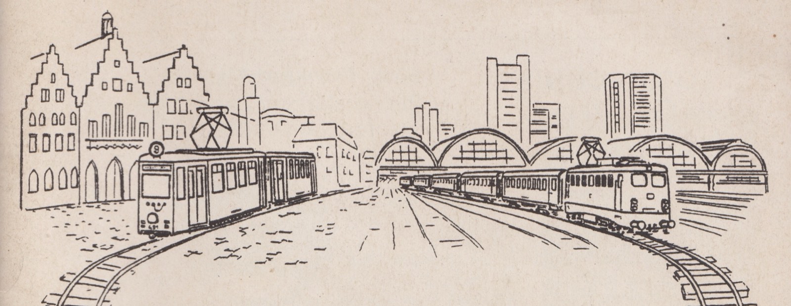 Zeichnung: Links die Frankfurter Altstadt mit Treppengiebeln und einem
                  Straßenbahnwagen der Linie 9, rechts die Bogenhallen des Hauptbahnhofs vor
                  der Hochhaus-Skyline, dazwischen laufen die Gleise zusammen.